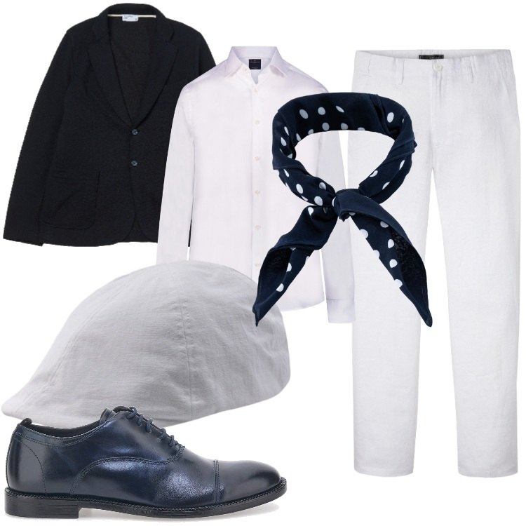 Outfit uomo - Cerimonia trendy. Stile Trendy per Cerimonia. Abbinamento con camicie, sciarpe e foulard, cappelli con visiera, giacche, pantaloni, scarpe stringate.