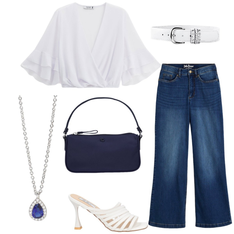 Outfit donna - Jeans chic. Stile Casual chic per Tutti i giorni. Abbinamento con jeans, cinture, sandali in pelle, collane, top, pochette.