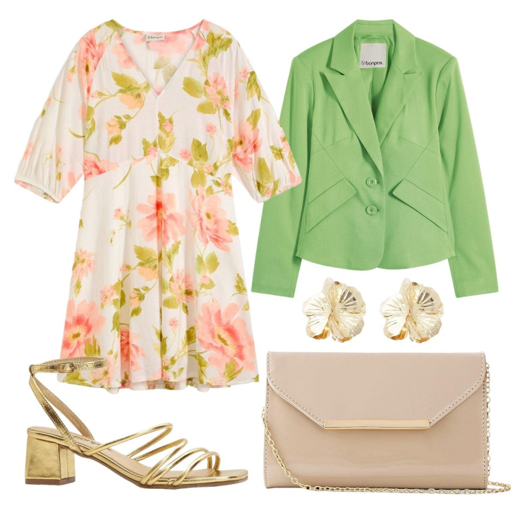 Outfit donna - Il mini-abito in fantasia floreale. Stile Bon Ton per Cerimonia. look ideale per Petite. Abbinamento con vestiti, pochette, sandali col tacco, blazer, orecchini.