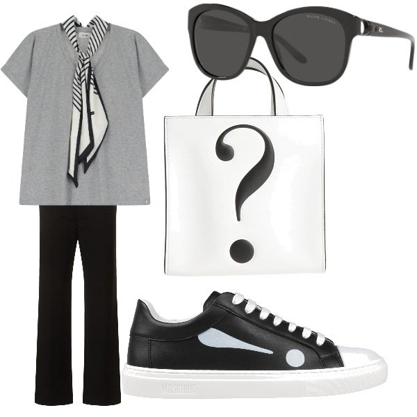 Outfit donna - libera e comoda. Stile Urban per Tutti i giorni. Abbinamento con sneakers, borse a mano, t-shirt, occhiali da sole, pantaloni.