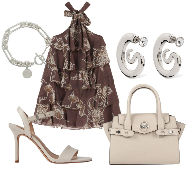 Outfit donna - Sabato sera in centro. Stile Casual chic per Serata fuori. Abbinamento con borse a mano, vestiti corti, braccialetti, sandali in pelle, orecchini.