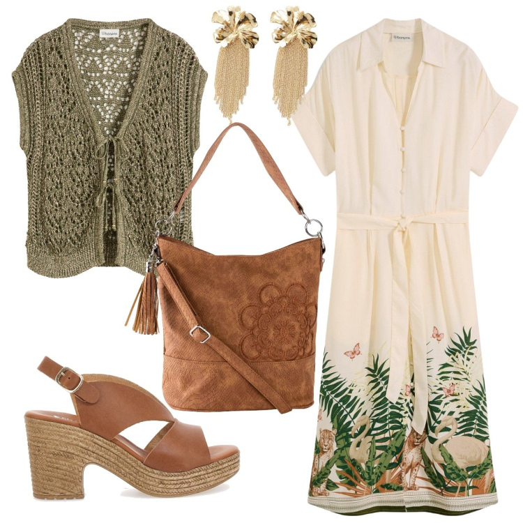 Outfit donna - Tropicale. Stile Etnico per Tutti i giorni. Abbinamento con borse a mano, vestiti chemisier, maglieria, orecchini, sandali in pelle.
