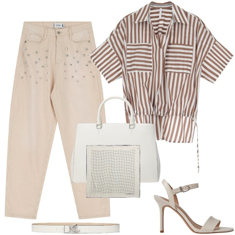 Outfit donna - Total look #2183511. Stile Casual per Tutti i giorni. Abbinamento con pantaloni, camicie a manica corta, foulard, sandali in pelle, borse a mano, cinture.