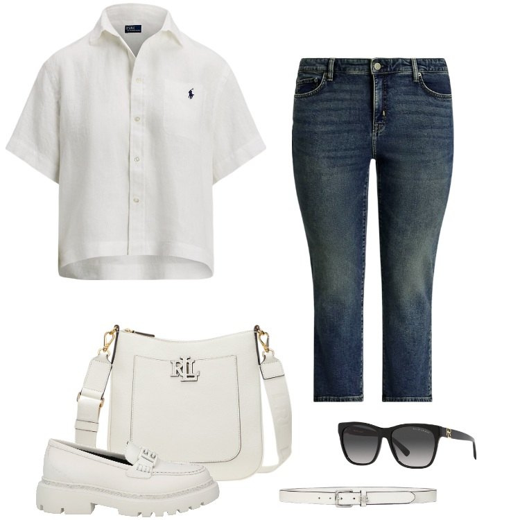 Outfit donna - Total look #2183515. Stile Casual per Tutti i giorni. Abbinamento con mocassini, occhiali da sole, jeans dritti, borse a tracolla, camicie a manica corta, cinture.
