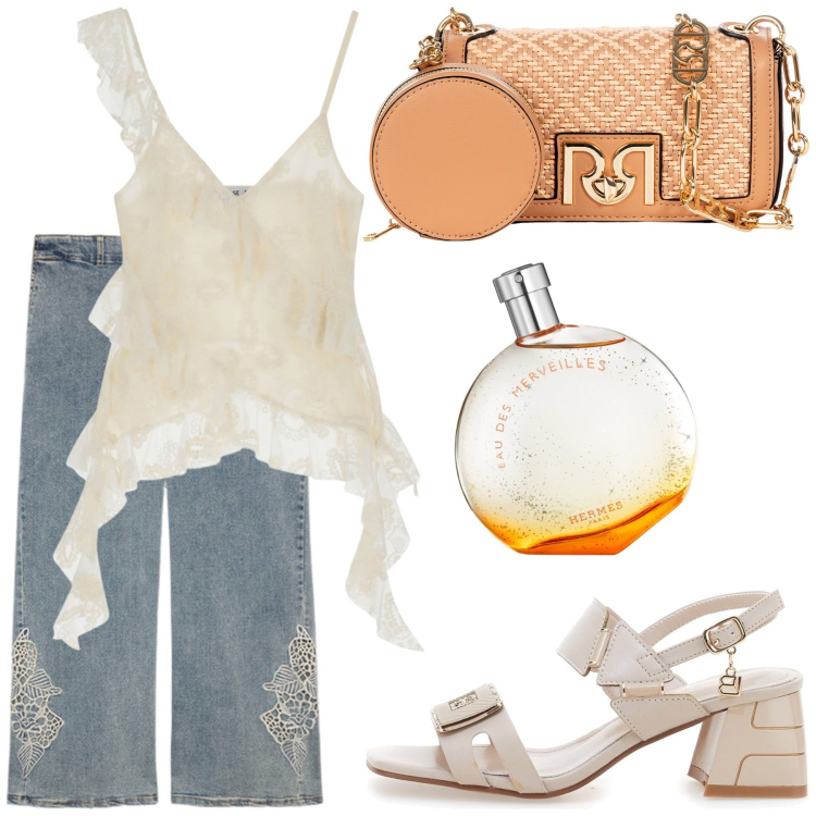 Outfit donna - Top. Stile Glamour per Tutti i giorni. Abbinamento con profumi, borse a tracolla, top, jeans, sandali col tacco.