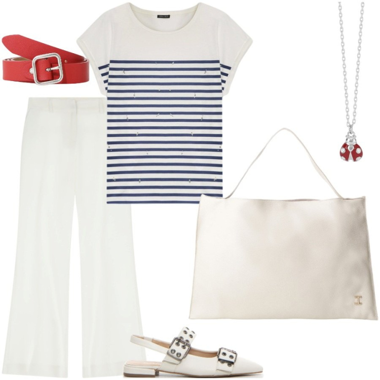 Outfit donna - La maglia marinara con dettagli. Stile Casual chic per Serata fuori. Abbinamento con collane, pantaloni, borse a spalla, cinture, t-shirt, décolleté.