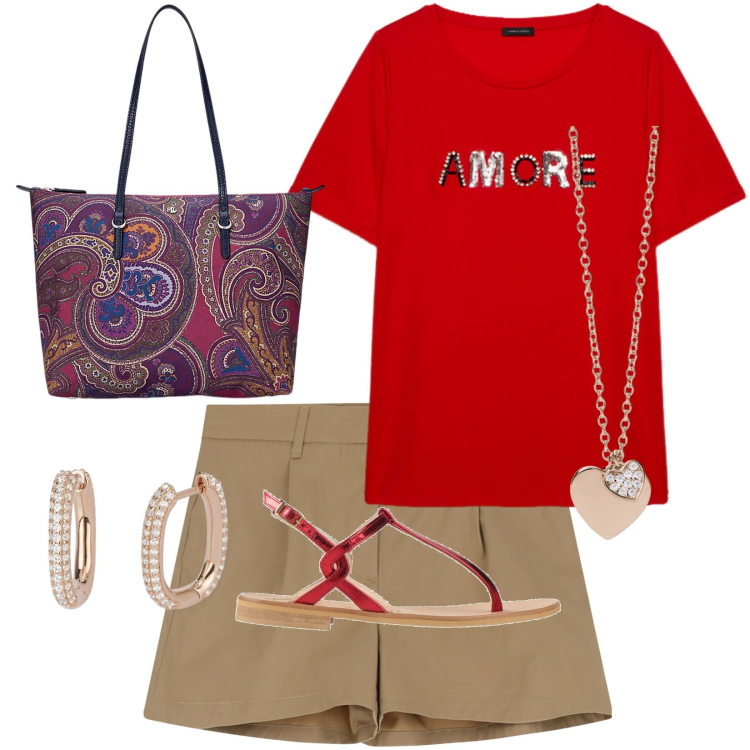 Outfit donna - Tempo libero. Stile Casual per Tutti i giorni. Abbinamento con infradito, orecchini, ciondoli, shorts, borse tote, t-shirt.