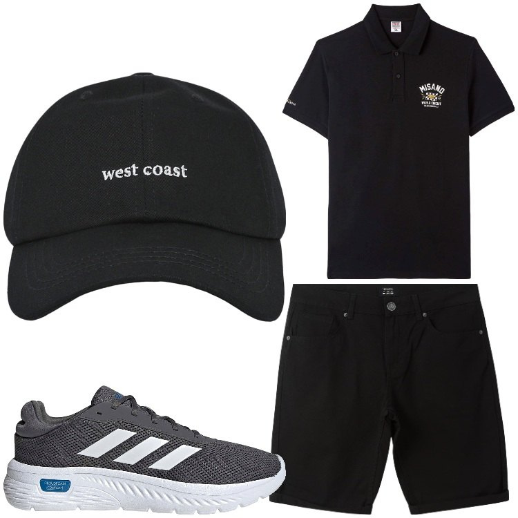 Outfit uomo - Nero black. Stile Casual per Tutti i giorni. Abbinamento con polo, cappelli con visiera, bermuda, sneakers.