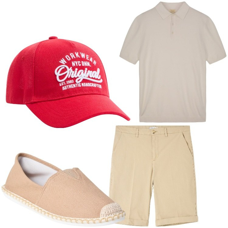 Outfit uomo - Rosso e beige. Stile Casual per Tutti i giorni. Abbinamento con cappelli, bermuda, espadrillas, polo.