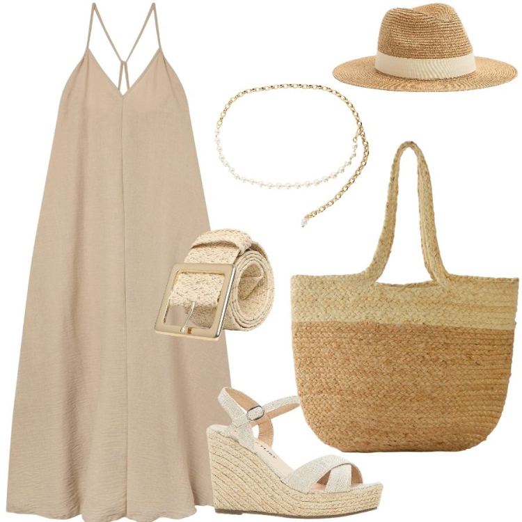 Outfit donna - L\'abito sabbia. Stile Casual chic per Mare. Abbinamento con sandali, shopping bag, vestiti lunghi, cappelli, cinture, collane.