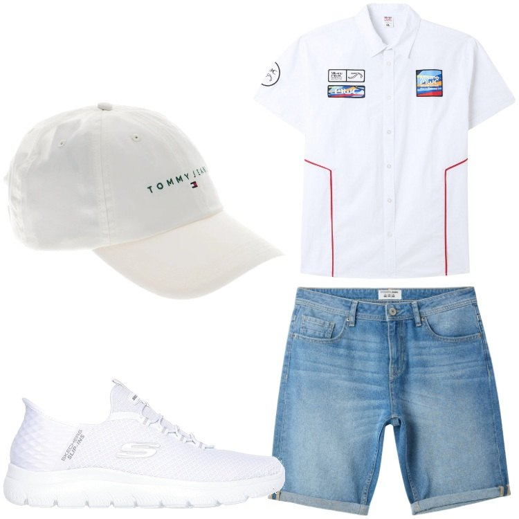 Outfit uomo - Bianco e jeans. Stile Casual per Tutti i giorni. Abbinamento con camicie a manica corta, bermuda, cappelli, sneakers.