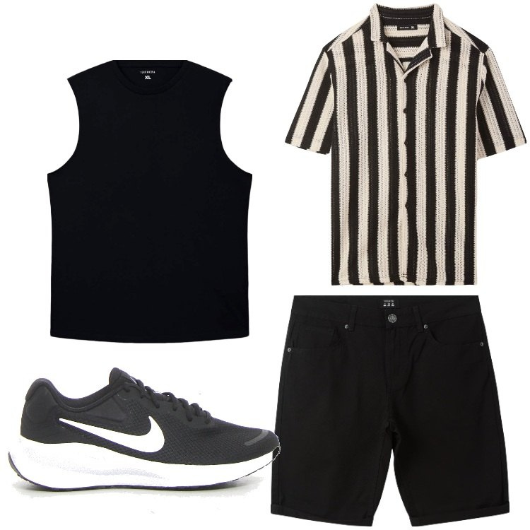 Outfit uomo - Righe e nero. Stile Casual per Tutti i giorni. Abbinamento con bermuda, camicie a manica corta, canottiere, sneakers.