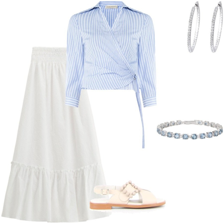 Outfit donna - Gli accessori che brilkano. Stile Casual chic per Serata fuori. Abbinamento con braccialetti, orecchini, camicie, gonne lunghe, sandali.