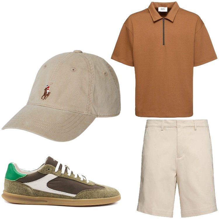 Outfit uomo - Sfumature di marrone. Stile Casual per Tutti i giorni. Abbinamento con cappelli, sneakers, polo, shorts.