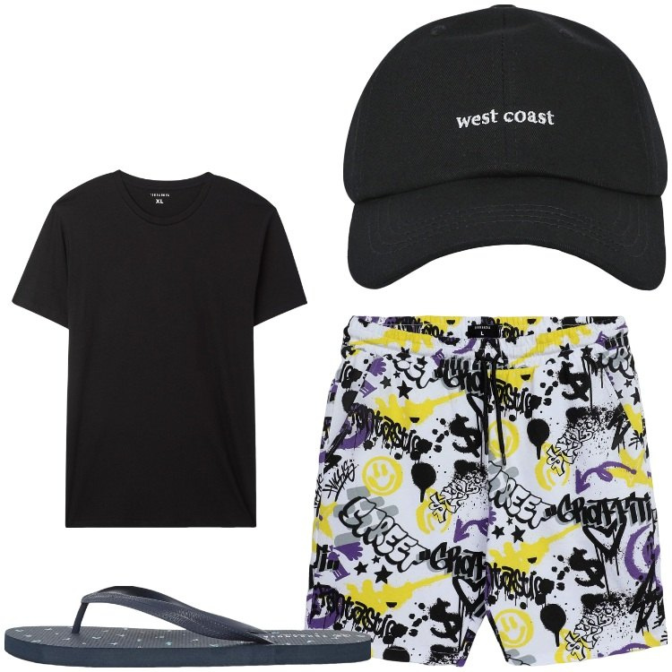 Outfit uomo - Sta arrivando l´estate. Stile Casual per Tutti i giorni. Abbinamento con cappelli con visiera, t-shirt, sandali, pantaloni corti.