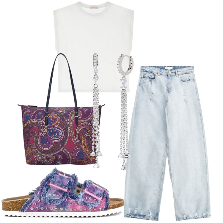 Outfit donna - Jeans in spiaggia. Stile Sporty chic per Tutti i giorni. Abbinamento con orecchini, jeans, t-shirt, borse tote, sandali.