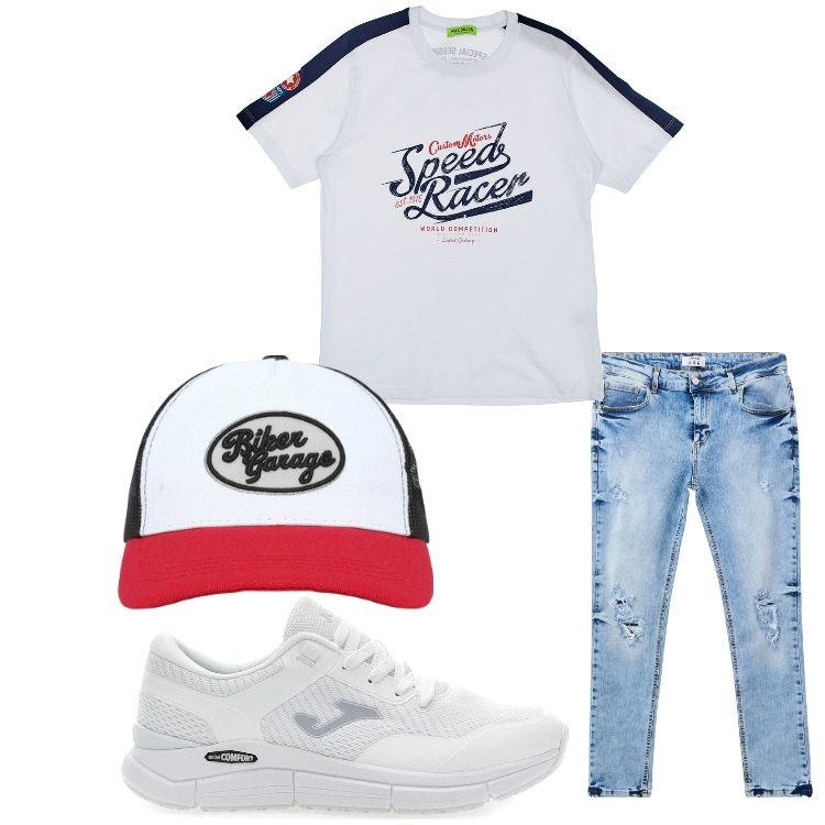Outfit uomo - Speed racer. Stile Casual per Tutti i giorni. Abbinamento con cappelli con visiera, jeans strappati, t-shirt, sneakers.