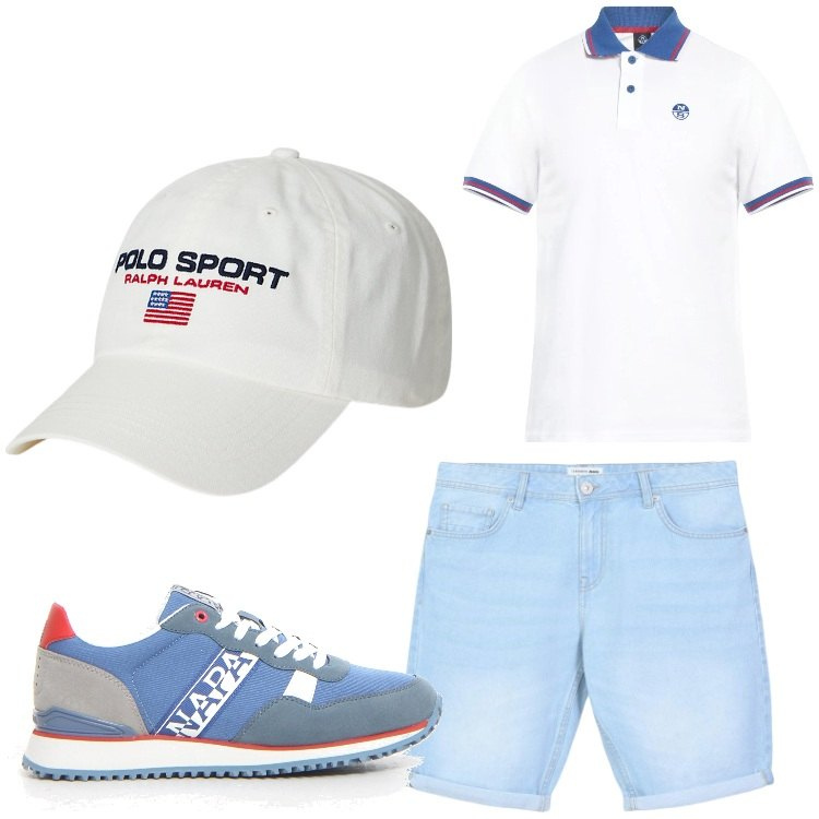 Outfit uomo - Celeste. Stile Casual per Tutti i giorni. Abbinamento con polo, bermuda, berretti, sneakers.