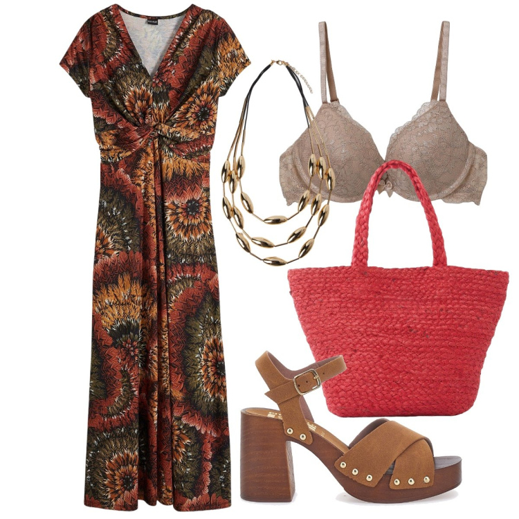 Outfit donna - Fantasie etniche sull’abito. Stile Etnico per Tutti i giorni. Abbinamento con vestiti lunghi, shopping bag, reggiseni push-up, sandali col tacco, collane.