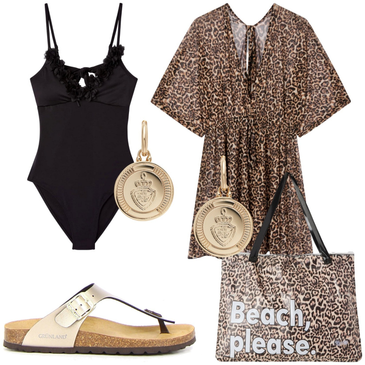 Outfit donna - Summer style. Stile Casual chic per Mare. Abbinamento con vestiti da spiaggia, borse tote, costumi interi, orecchini, infradito.