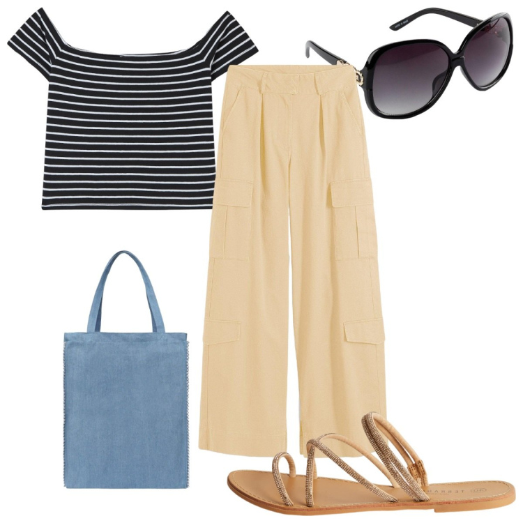 Outfit donna - Riviera Look : la t-shirt a righe. Stile Trendy per Tutti i giorni. Abbinamento con occhiali da sole, pantaloni cargo, t-shirt, borse tote, sandali.