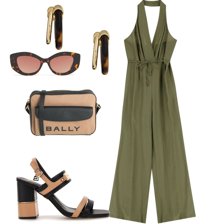 Outfit donna - City. Stile Trendy per Tutti i giorni. Abbinamento con borse a tracolla, tute, orecchini, occhiali da sole, sandali col tacco.