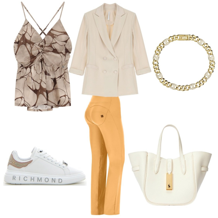 Outfit donna - Total look #2183563. Stile Casual per Tutti i giorni. Abbinamento con braccialetti, canottiere, blazer, pantaloni, borse tote, sneakers.