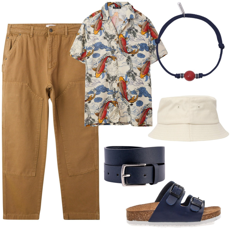Outfit uomo - La camicia a stampa. Stile Trendy per Tutti i giorni. Abbinamento con cappelli, camicie a manica corta, pantaloni, braccialetti, sandali, cinture.