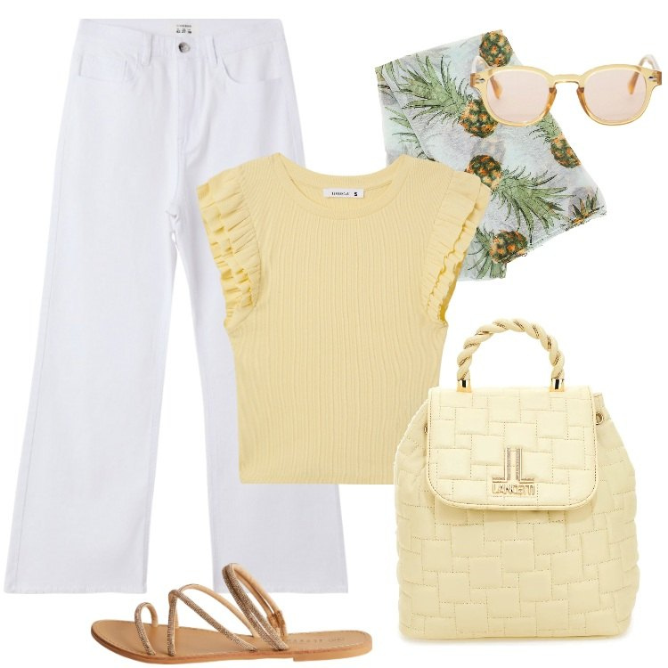 Outfit donna - Total look #2183566. Stile Casual per Tutti i giorni. Abbinamento con t-shirt, pantaloni, sandali, occhiali da sole, zaini, foulard.
