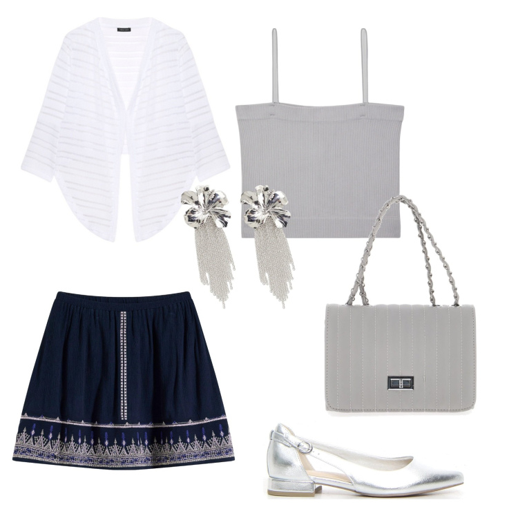 Outfit donna - Stasera non ho voglia di stare a casa. Stile Casual chic per Serata fuori. Abbinamento con minigonne, canottiere, orecchini, borse a tracolla, bolero, ballerine.