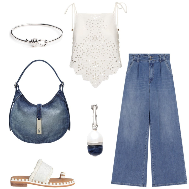 Outfit donna - San Gallo. Stile Boho per Tutti i giorni. Abbinamento con orecchini, ciabatte, jeans, borse a spalla, braccialetti, top.