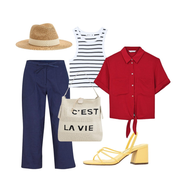 Outfit donna - Friday in Riviera. Stile Casual per Tutti i giorni. Abbinamento con sandali col tacco, pantaloni capri, cappelli, camicie a manica corta, borse a mano, canottiere.