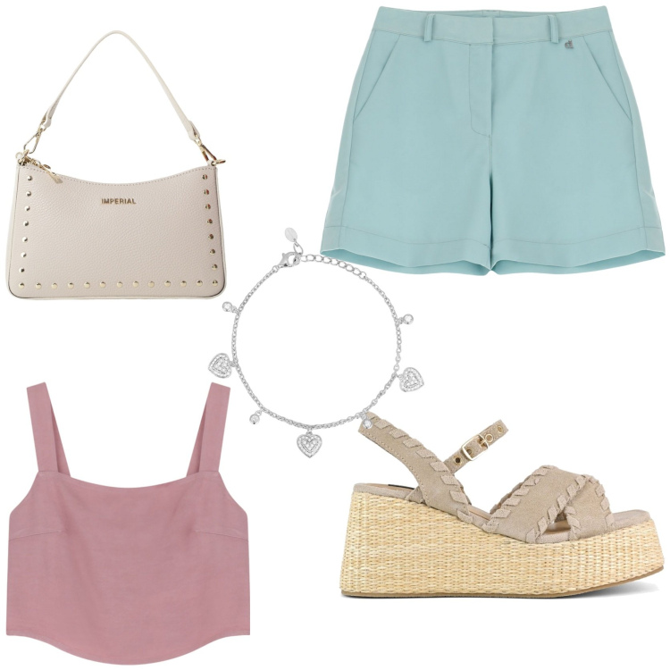 Outfit donna - In vacanza. Stile Chic per Tutti i giorni. Abbinamento con braccialetti, borse a spalla, shorts, top, zeppe.
