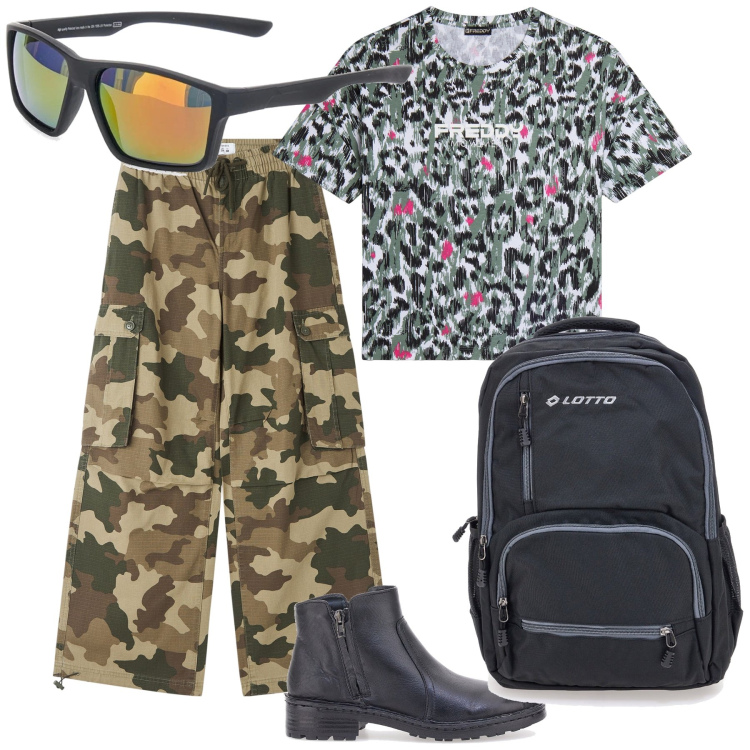 Outfit donna - Un esercito estivo. Stile Military per Tutti i giorni. Abbinamento con pantaloni cargo, t-shirt, stivaletti, occhiali da sole, zaini.