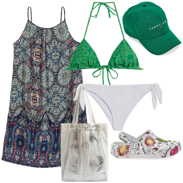 Outfit donna - Fresco copricostume. Stile Trendy per Mare. Abbinamento con vestiti, shopping bag, bikini, bikini, zoccoli, cappelli.