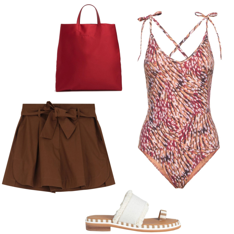 Outfit donna - Total look #2183604. Stile Casual per Mare. Abbinamento con ciabatte, shorts, shopping bag, costumi interi.