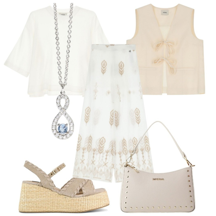 Outfit donna - Positano. Stile Etnico per Tutti i giorni. Abbinamento con ciondoli, borse a spalla, gilet, pantaloni, t-shirt, zeppe.