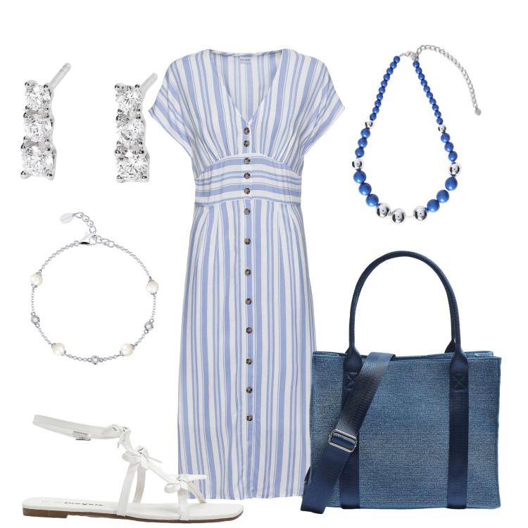 Outfit donna - Lo chemisier. Stile Basic per Tutti i giorni. Abbinamento con sandali, vestiti, shopping bag, orecchini, braccialetti, collane.