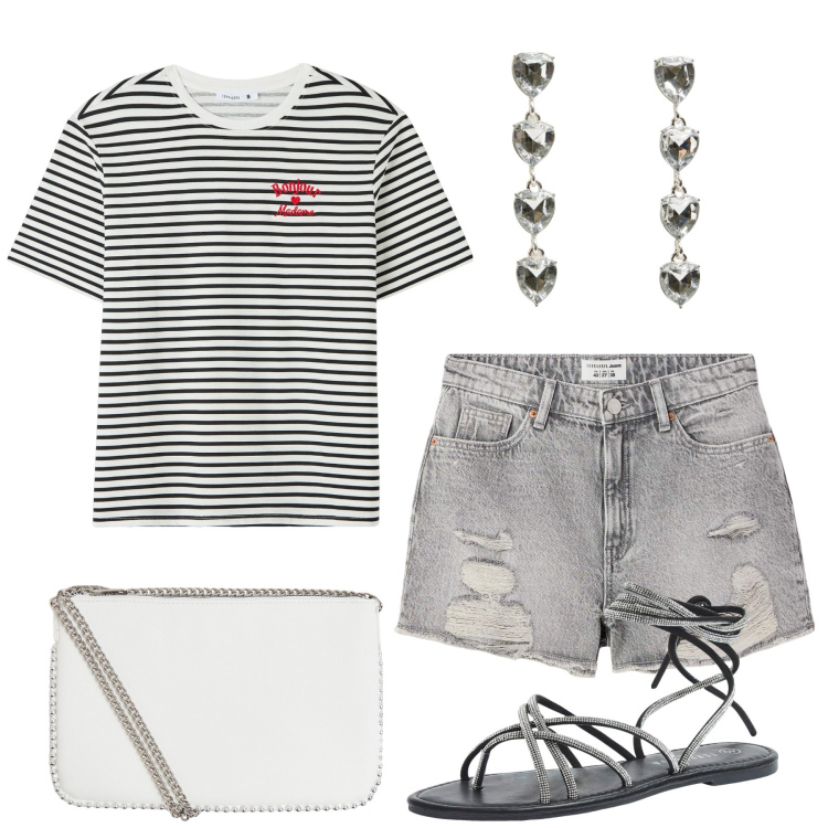 Outfit donna - Stile mariniere. Stile Casual per Tutti i giorni. Abbinamento con shorts, t-shirt, sandali alla schiava, orecchini, borse a tracolla.