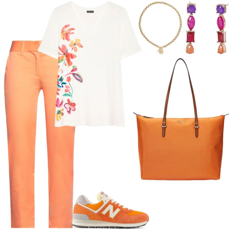 Outfit donna - Colori vivaci. Stile Casual chic per Ufficio. Abbinamento con pantaloni, orecchini, sneakers, borse tote, collane, t-shirt.