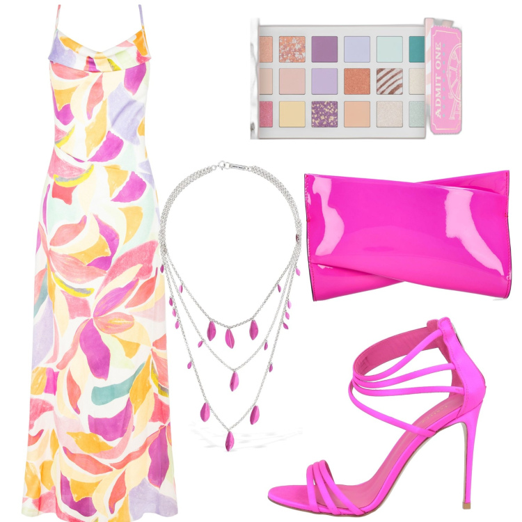 Outfit donna - Maxi dress fluo. Stile Chic per Serata fuori. Abbinamento con sandali in pelle, ombretti, vestiti lunghi, pochette, collane.