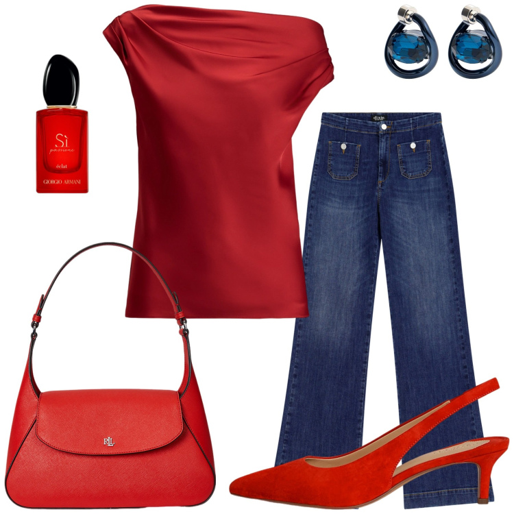 Outfit donna - Red. Stile Glamour per Ufficio. Abbinamento con profumi, jeans a zampa, décolleté, top, borse a spalla, orecchini.