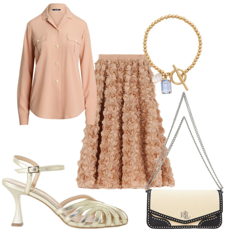 Outfit donna - Total look #2183618. Stile Trendy per Tutti i giorni. Abbinamento con gonne, sandali col tacco, braccialetti, borse a spalla, camicie.