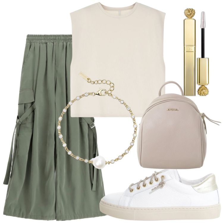 Outfit donna - Gita fuori porta. Stile Casual per Tutti i giorni. Abbinamento con mascara, braccialetti, sneakers, pantaloni cargo, zaini, t-shirt.