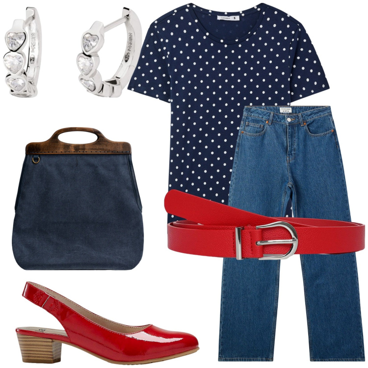 Outfit donna - City. Stile Bon Ton per Ufficio. Abbinamento con décolleté, cinture, t-shirt, jeans, orecchini, borse a tracolla.