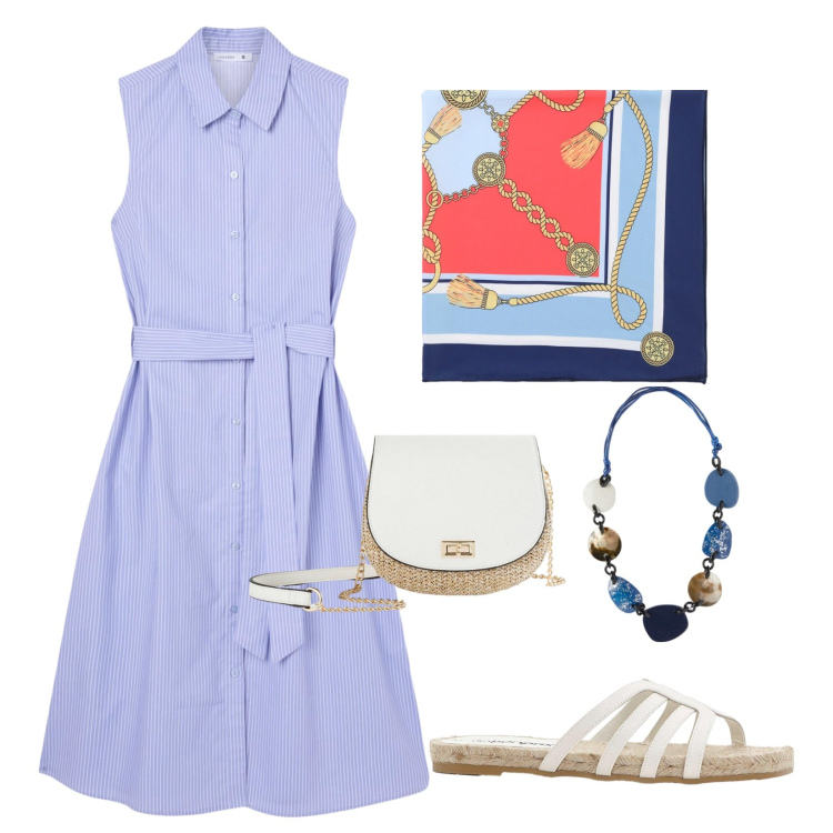Outfit donna - Chemisier fantasia righe!. Stile Vintage retrò per Mare. Abbinamento con borse a tracolla, ciabatte, vestiti chemisier, foulard, collane.