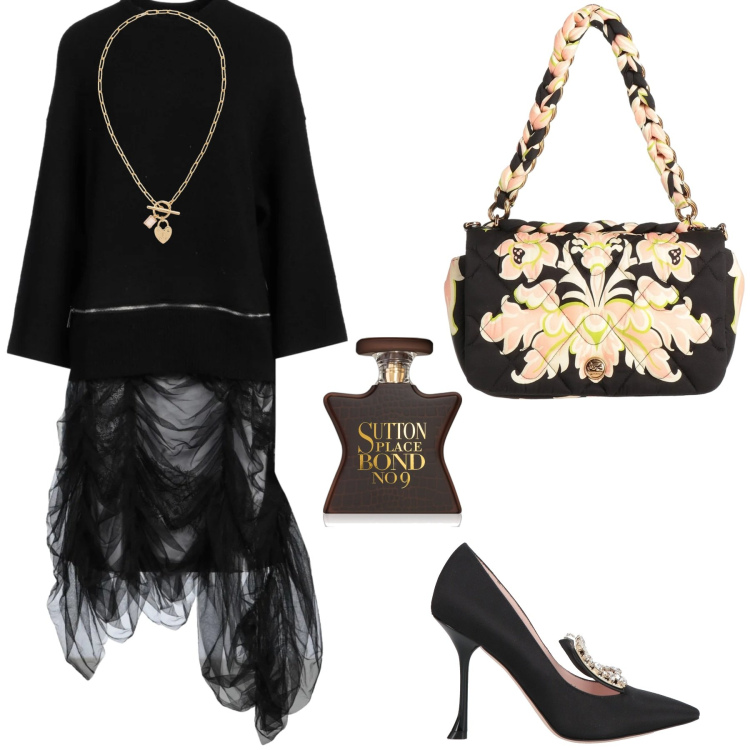 Outfit donna - Abito nero e accessori glamour. Stile Glamour per Serata fuori. Abbinamento con décolleté, vestiti midi/longuette, borse a mano, profumi, collane.