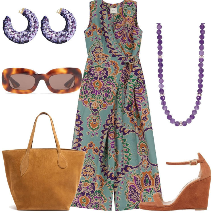 Outfit donna - Fantasia etnica. Stile Etnico per Tutti i giorni. Abbinamento con sandali in pelle, collane, tute, shopping bag, orecchini, occhiali da sole.