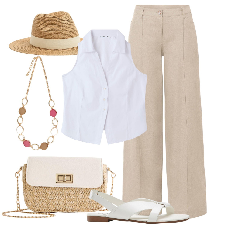 Outfit donna - Sabbia e bianco in riviera. Stile Casual chic per Tutti i giorni. Abbinamento con sandali, pantaloni a palazzo, shopping bag, camicie, cappelli, collane.