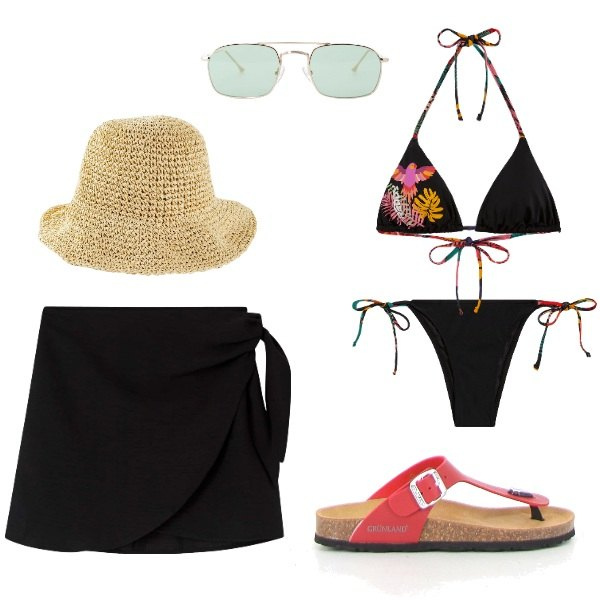 Outfit donna - Si va al mare..... Stile Basic per Mare. Abbinamento con cappelli, vestiti da spiaggia, occhiali da sole, bikini, bikini, infradito.